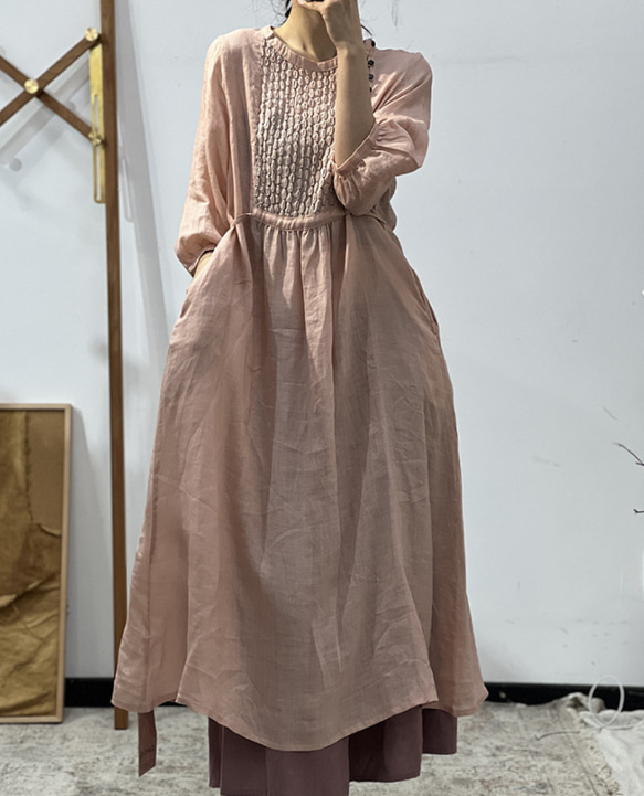 麻のワンピース・春カラー・人気・デザインのワンピース・全3色・リネンスカート・夏 1枚目の画像