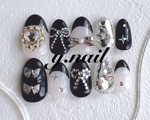 79))リボンネイル フレンチガーリー ミラーネイル ブライダル ネイルチップ ネイルチップ フレンチガーリー マグネット くすみピンク リボン