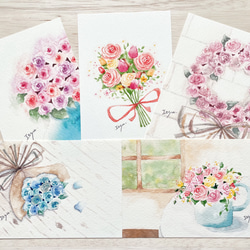 透明水彩画 バラのポストカード5枚セット 花 ばら 薔薇 チューリップ