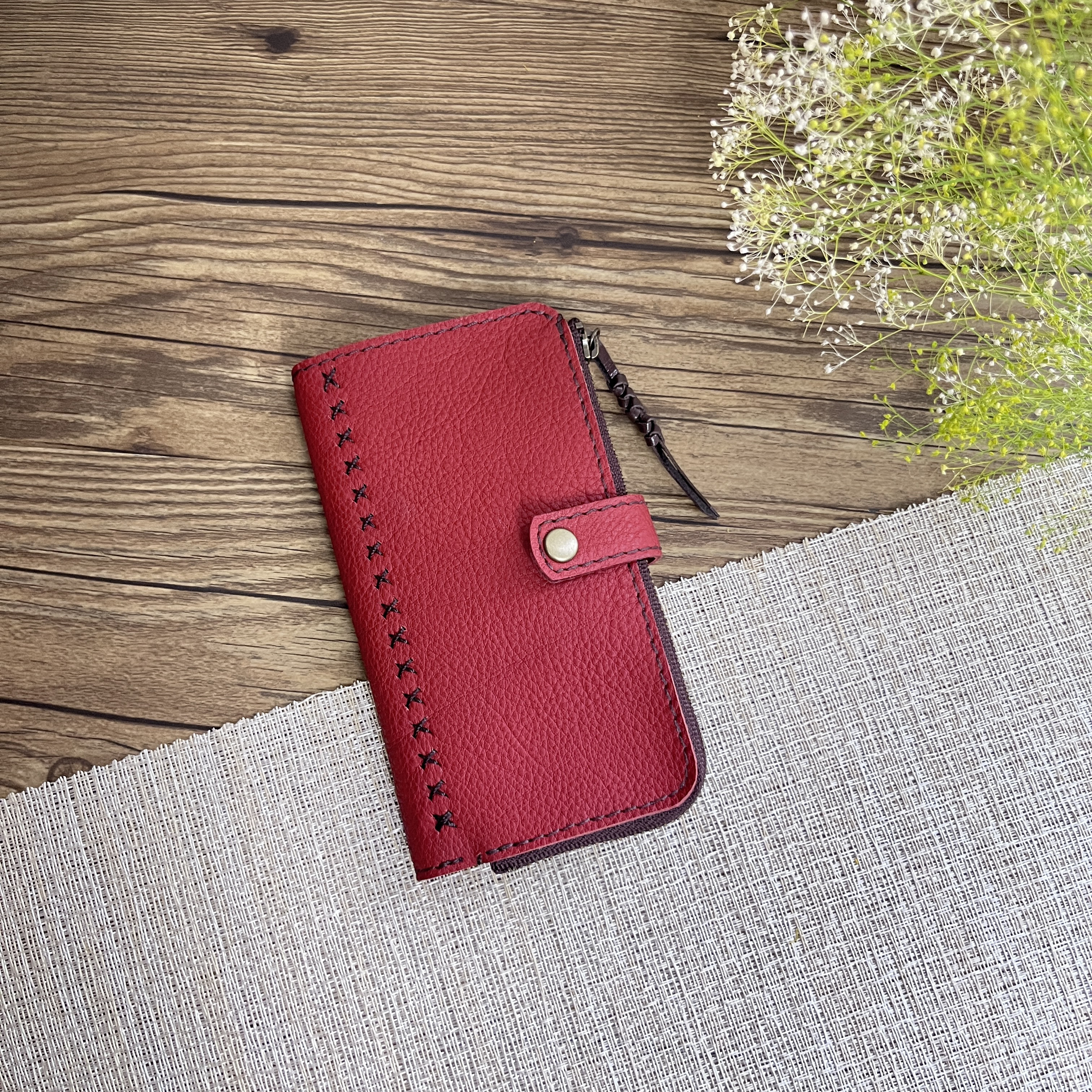 牛革 L字ファスナーポケット付スマホケース テラコッタ iPhone,Xperia