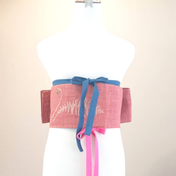 夏帯 くすみピンクに山菜 銀座 作り帯付け帯 胴巻き～100cm 8枚目の画像