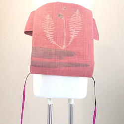夏帯 くすみピンクに山菜 銀座 作り帯付け帯 胴巻き～100cm 4枚目の画像