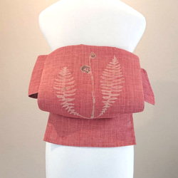 夏帯 くすみピンクに山菜 銀座 作り帯付け帯 胴巻き～100cm 1枚目の画像