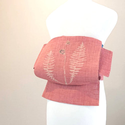 夏帯 くすみピンクに山菜 銀座 作り帯付け帯 胴巻き～100cm 3枚目の画像