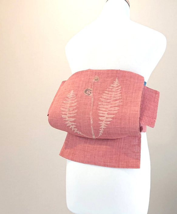 夏帯 くすみピンクに山菜 銀座 作り帯付け帯 胴巻き～100cm 3枚目の画像