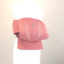 夏帯 くすみピンクに山菜 銀座 作り帯付け帯 胴巻き～100cm 2枚目の画像