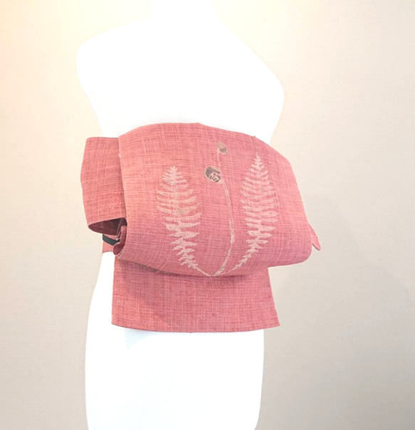 夏帯 くすみピンクに山菜 銀座 作り帯付け帯 胴巻き～100cm 2枚目の画像