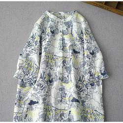 リネン00％風景総刺繡ポケット付きシンプルな大人可愛い七分袖ワンピース♪ 1枚目の画像