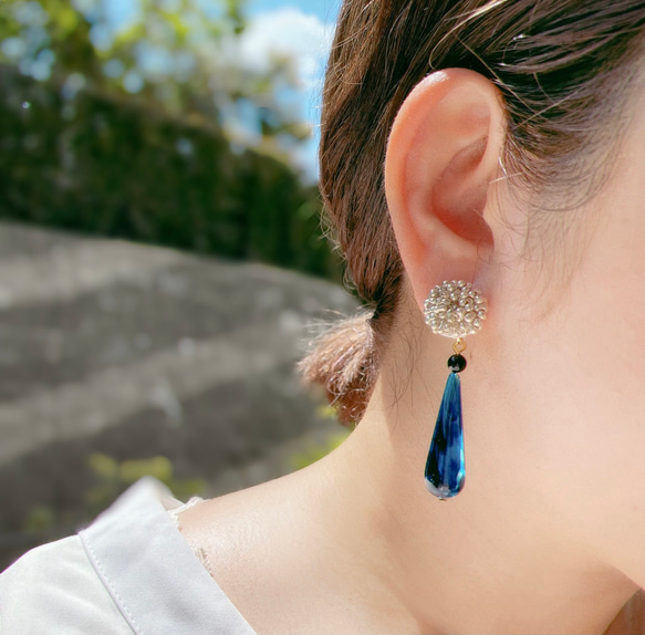 [藍色] 捷克珠吊墜耳環/穿孔耳環 第9張的照片