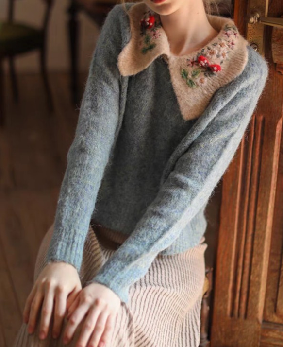 手編み 手刺繍立体かぎ針編みアルパカプルオーバー フレンチセーター   受注生産 5枚目の画像