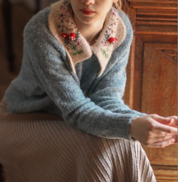 手編み 手刺繍立体かぎ針編みアルパカプルオーバー フレンチセーター   受注生産 2枚目の画像