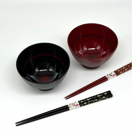 赤黒漆器 椀2個と箸セット 黒檀 七角 漆塗分 ペア 黒/赤 23cm/21cm 砂岩箸置付 ギフト箱付 | お箸