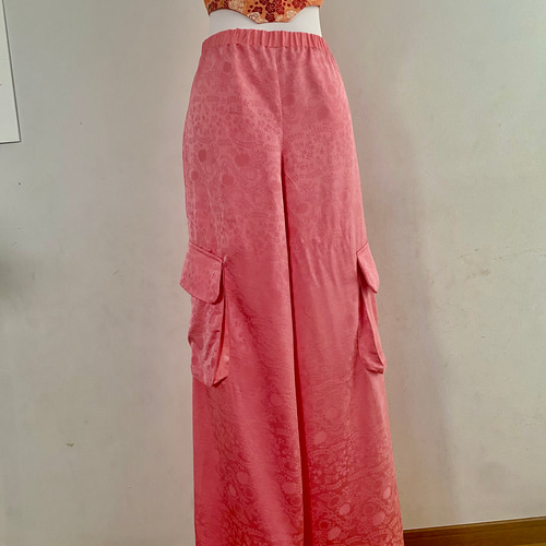 着物リメイク 長ズボン ピンクロングストレートワイドパンツ