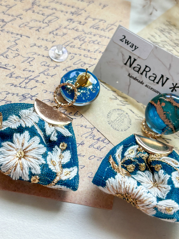 934≫アルコールインクアート【nara】2wayインド刺繍リボンタッセルピアス 4枚目の画像