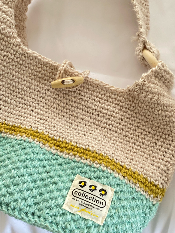 麻紐肩掛けバッグ（ミント×イエローライン） 3枚目の画像