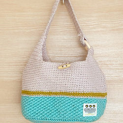 麻紐肩掛けバッグ（ミント×イエローライン） 1枚目の画像