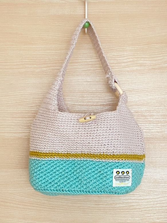 麻紐肩掛けバッグ（ミント×イエローライン） 1枚目の画像