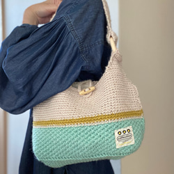 麻紐肩掛けバッグ（ミント×イエローライン） 8枚目の画像