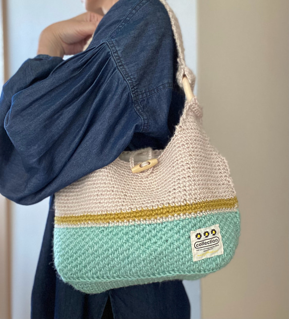 麻紐肩掛けバッグ（ミント×イエローライン） 8枚目の画像