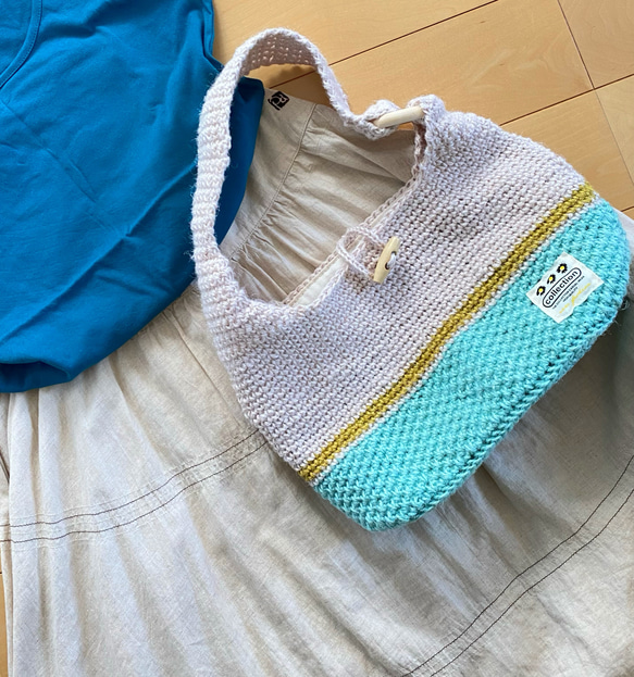 麻紐肩掛けバッグ（ミント×イエローライン） 4枚目の画像