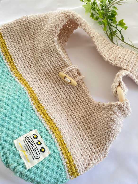 麻紐肩掛けバッグ（ミント×イエローライン） 2枚目の画像