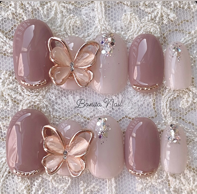 ガラスフレンチ バタフライネイル ネイルチップ
