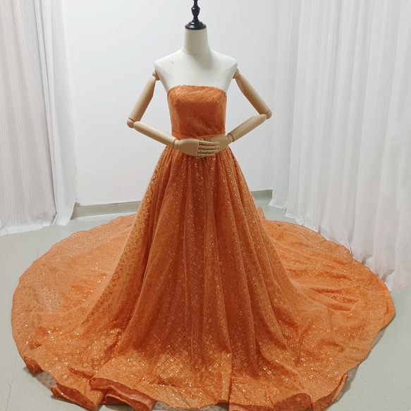 送料無料！カラードレス オレンジ キラキラグリッターチュール