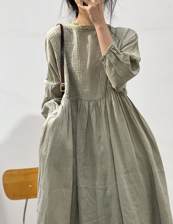 人気・リネン・麻ワンピース・春カラー・デザインのワンピース・プリーツがゆったりロングスカート 7枚目の画像