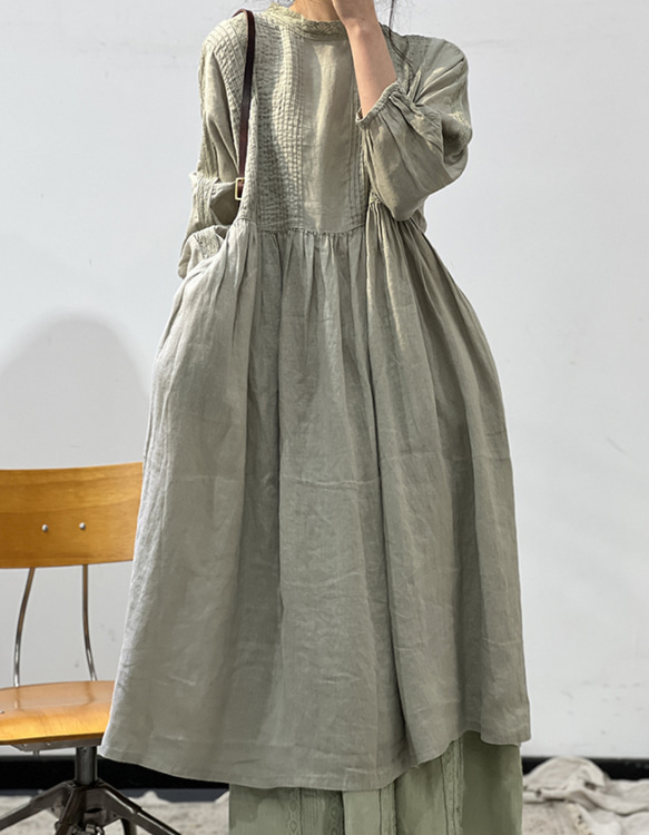 人気・リネン・麻ワンピース・春カラー・デザインのワンピース・プリーツがゆったりロングスカート 6枚目の画像