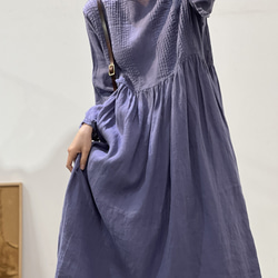 人気・リネン・麻ワンピース・春カラー・デザインのワンピース・プリーツがゆったりロングスカート 4枚目の画像