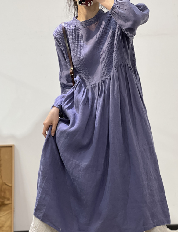 人気・リネン・麻ワンピース・春カラー・デザインのワンピース・プリーツがゆったりロングスカート 4枚目の画像
