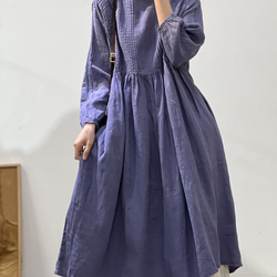人気・リネン・麻ワンピース・春カラー・デザインのワンピース・プリーツがゆったりロングスカート 3枚目の画像