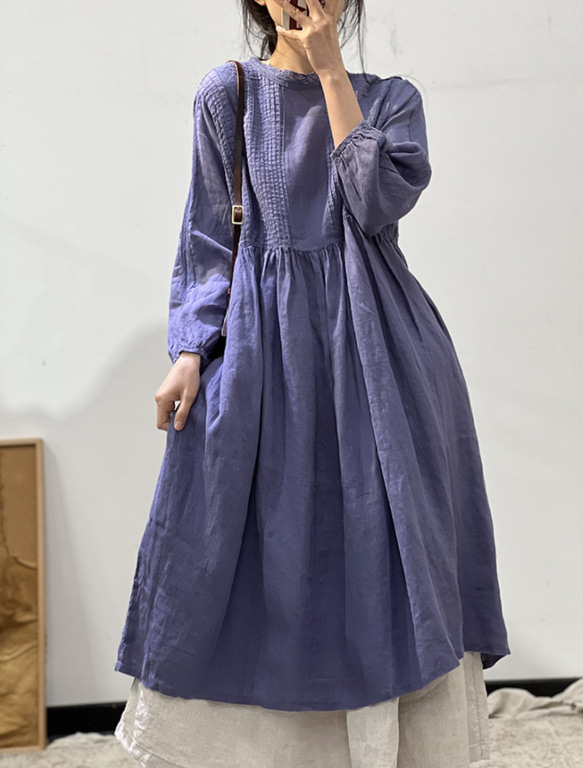 人気・リネン・麻ワンピース・春カラー・デザインのワンピース・プリーツがゆったりロングスカート 3枚目の画像