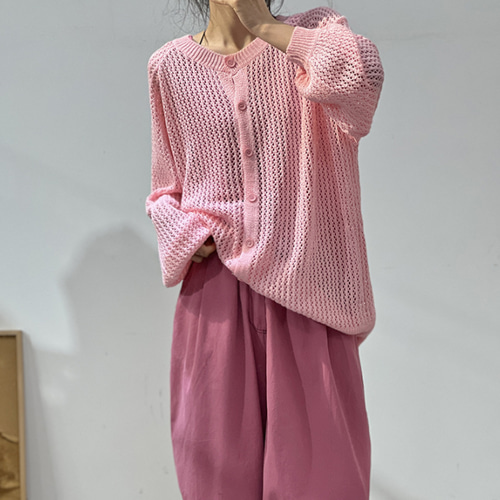 【美品】Drawer フリンジ編み ニット ピンク コットン混 16G 長袖 春 春カラー・綿・透かし編みニット・ニートセーター・トーブス・ピンク