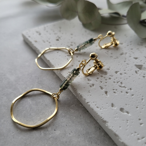 モスアゲート & フープ イヤリング/ピアス【天然石・モスグリーン