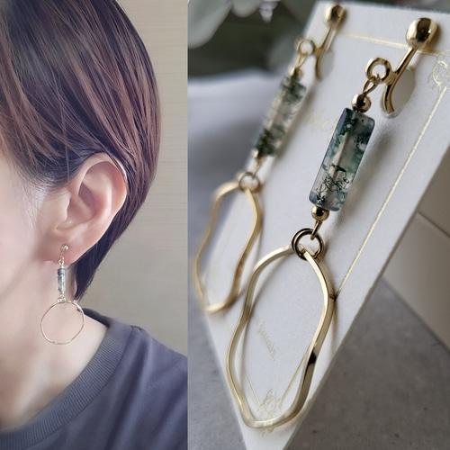 モスアゲート & フープ イヤリング/ピアス【天然石・モスグリーン