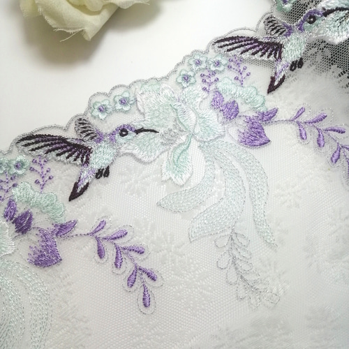 高品質❣ 1m 銀糸いりキラキラ 鳥&花柄 刺繍 チュールレース 高品質❣ 1m 銀糸いりキラキラ 鳥&花柄 刺繍 チュールレース
