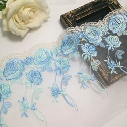 高品質❣ 1m 水色 花柄 豪華刺繍 チュールレース ハンドメイド 生地