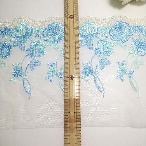 高品質❣ 1m 水色 花柄 豪華刺繍 チュールレース ハンドメイド