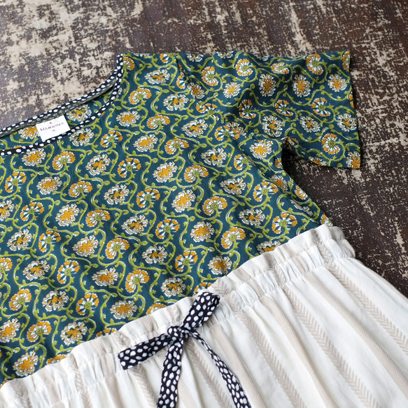 夏のお出かけに！ブロックプリント＆ジャガード織りドッキングワンピース （24s-10）グリーン 12枚目の画像