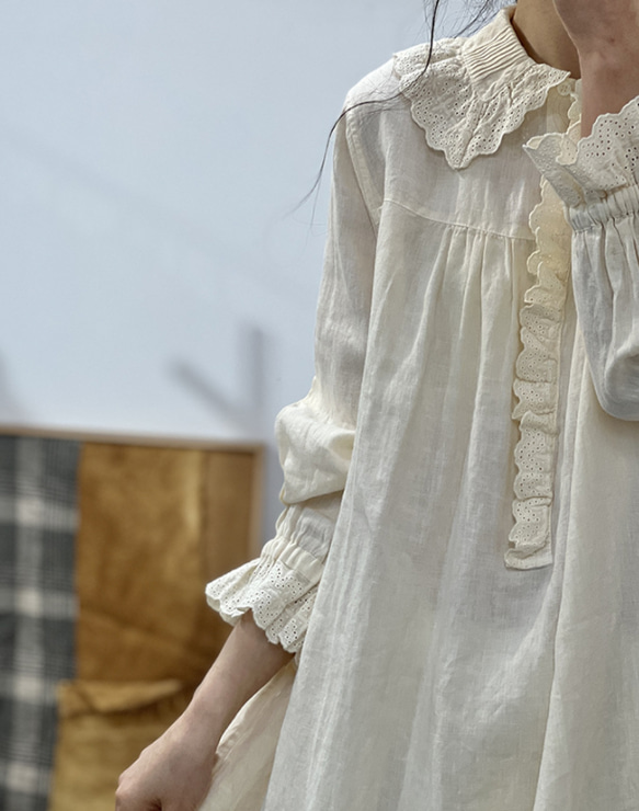 人気・リネン・麻ワンピース・春カラー・デザインのワンピース・プリーツがゆったりロングスカート 5枚目の画像