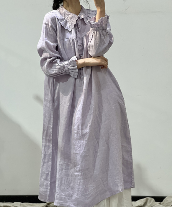 人気・リネン・麻ワンピース・春カラー・デザインのワンピース・プリーツがゆったりロングスカート 1枚目の画像