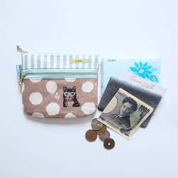 銀のメガネをかけた猫とチューリップ・ココア　ダブルファスナーミニ財布・カード入れ　ファスナー14㎝　内ポケット付き 3枚目の画像