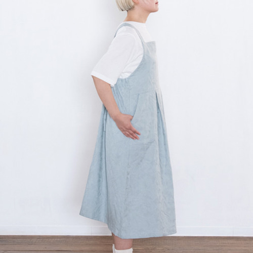 リボン調節エプロンワンピース【Organic Cottonジャガード生地 