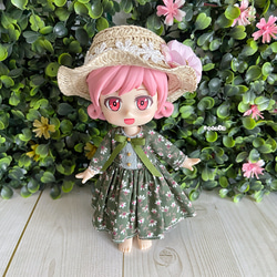 JANAYA ハンドメイド　ねんどろいどどーる用　麦わら帽子　カーキ色　フリル型　ピンクとパープル花 3枚目の画像