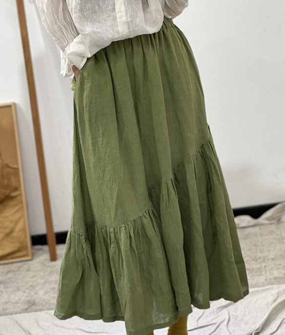 人気・リネンミニスカートを振り回す・ ミディアムスカート・春カラー・全４色・麻スカート 3枚目の画像