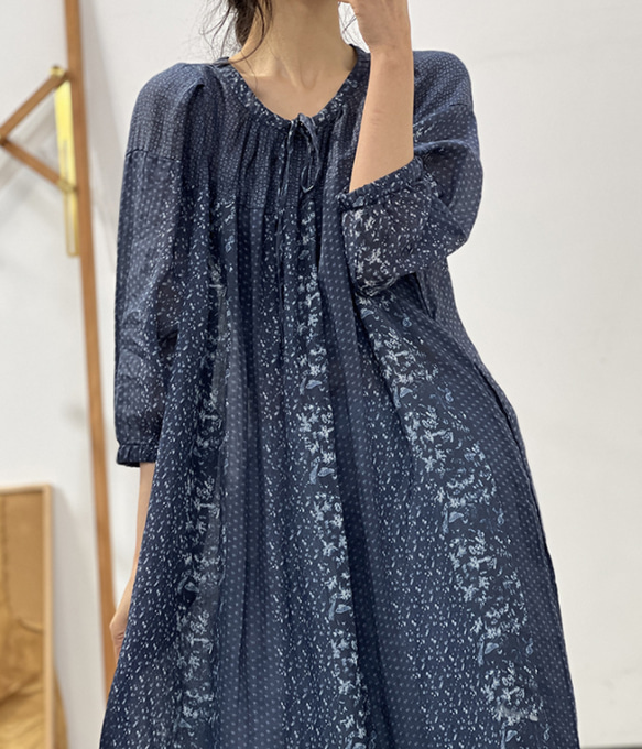 人気・リネン・麻ワンピース・春カラー・デザインのワンピース・プリーツがゆったりロングスカート 8枚目の画像