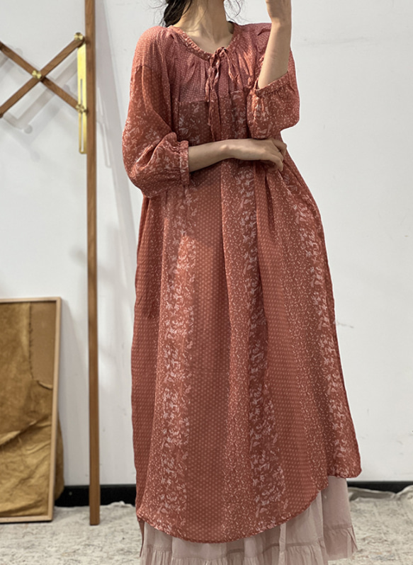 人気・リネン・麻ワンピース・春カラー・デザインのワンピース・プリーツがゆったりロングスカート 15枚目の画像
