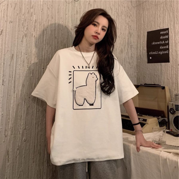 Tシャツ 白 アルパカ 刺繍 半袖  レディース 春 夏 動物柄 ルーズ トップス ダボっと ゆったり WFT142 1枚目の画像