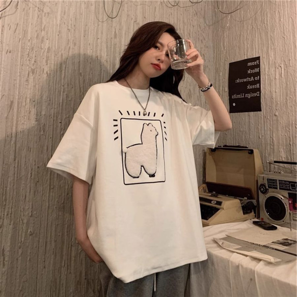 Tシャツ 白 アルパカ 刺繍 半袖  レディース 春 夏 動物柄 ルーズ トップス ダボっと ゆったり WFT142 2枚目の画像